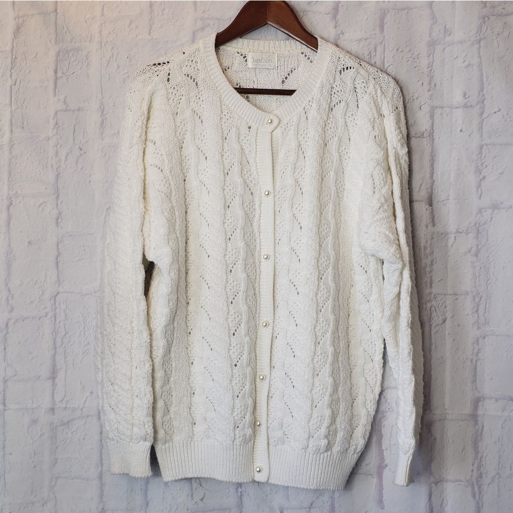 JANTZEN VINTAGE Button Front Crochet Knit Cardigan Sweater Large